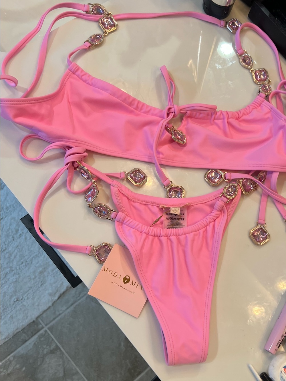Moda Mine Pink Jeweled String Bikini Set, fits like small and medium
